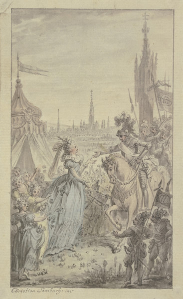 A princess and girls with flowers receive a knight on horseback in front of a tent.. Creator: Christian Sambach.
