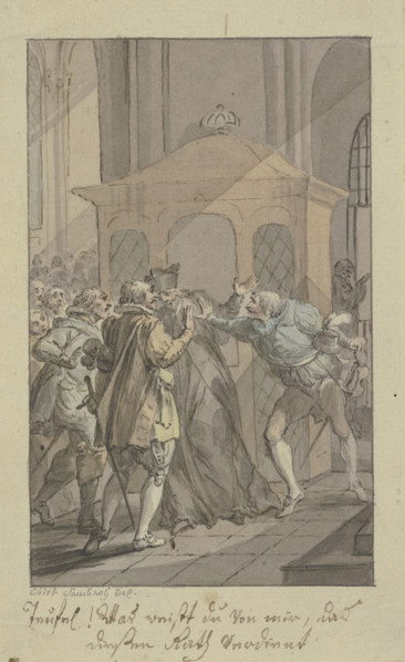 Three men arguing with swords and a clergyman before a confessional. Creator: Christian Sambach.