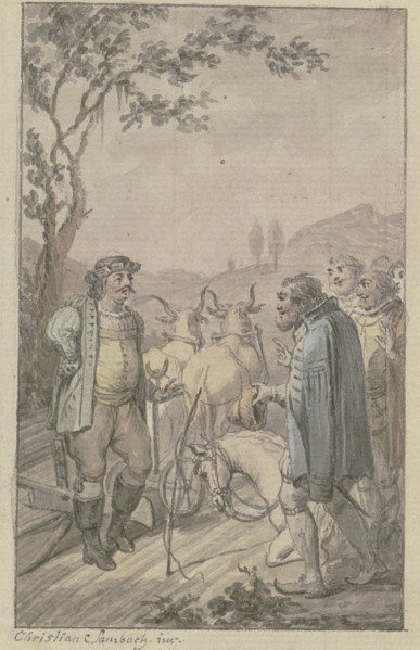 A plowing man with a team of oxen approaches a group of bareheaded men, a horse kneeling. Creator: Christian Sambach.