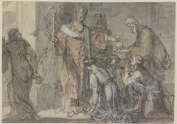 Saint Nicholas of Myra distributing gifts. Creator: Joseph Fratrel.