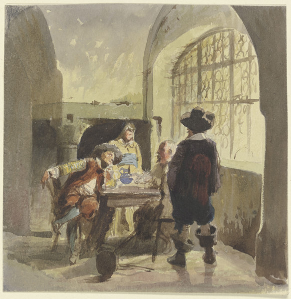 Three soldiers from the time of the Thirty Years' War in a chamber, with a woman present. Creator: Eugen Johann Georg Klimsch.