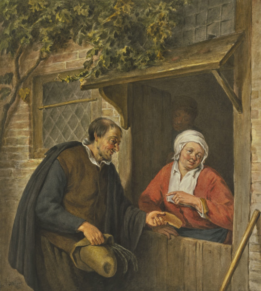 A man gives a piece of cake to a woman standing in the doorway, c18th century Creator: Unknown.