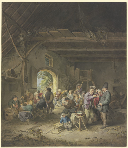Celebrating farmers in a barn, 1778. Creator: Jacobus Buys.