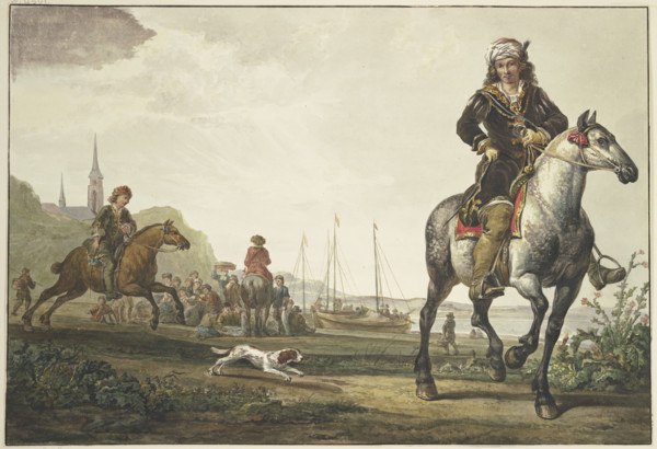 A large crowd sits by the ships on the bank of a river; a richly dressed rider with a turban... Creator: Jacob van Strij.