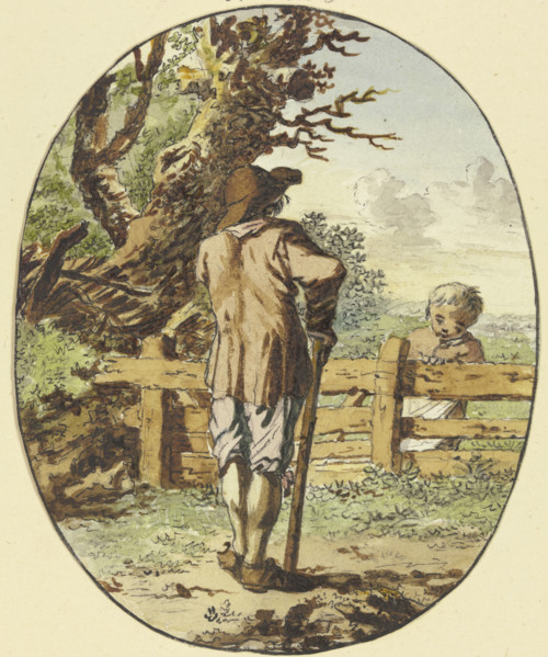A man with a stick stands by a fence with his back to the viewer; a child stands on the other side. Creator: Steven Goble.