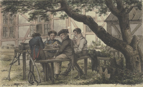 Volunteers resting in a tavern garden, 1815. Creator: Carl Friedrich Zimmermann.