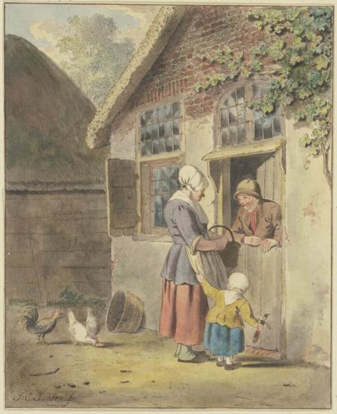 A man speaks at a front door with a woman who is being held by the apron by a child. Creator: Johannes Christiaan Janson.