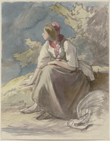 Farm girl sitting on a grass bench facing left, c1830-1872. Creator: Jakob Becker.