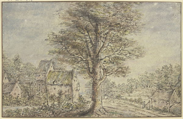 Village view, in the middle a tree. Creator: Lucas van Uden.