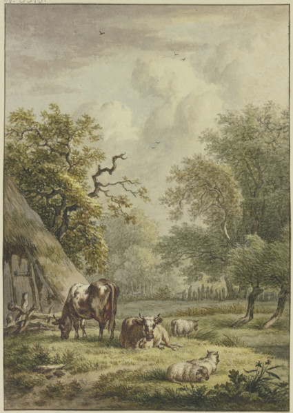 Two cows and three sheep are grazing by a hut. Creator: Jan Hulswit.