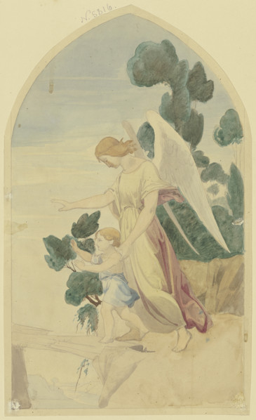 A guardian angel guides a child across a chasm, c1840. Creator: Jakob Jung.