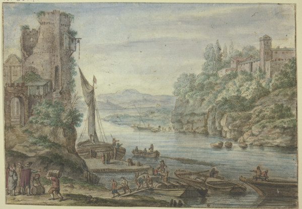 River area, old tower, ships being unloaded. Creator: Herman Saftleven the Younger.