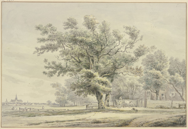 House with a wagon under trees, a meadow with cattle and a village to the left. Creator: Hendrik Spilman.