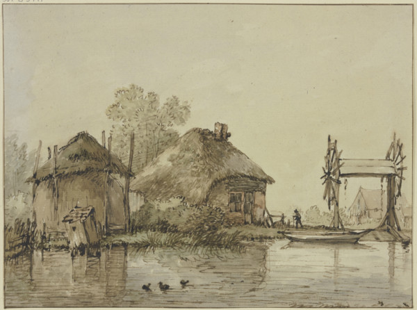 A house with a barn and a lock with two wheels by a canal. Creator: Jan Hulswit.