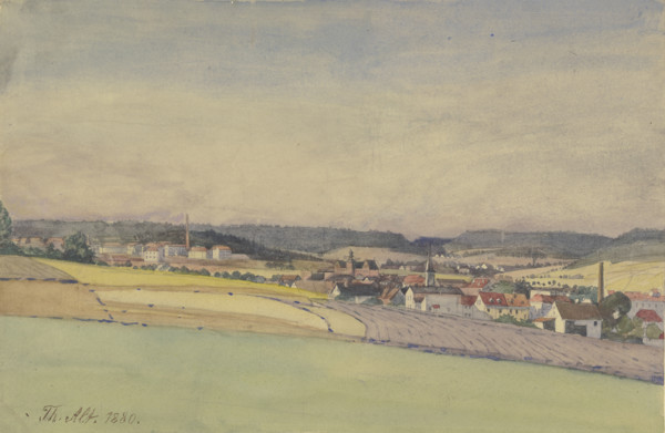 View of an industrial town amidst fields and forest, 1880. Creator: Theodor Alt.