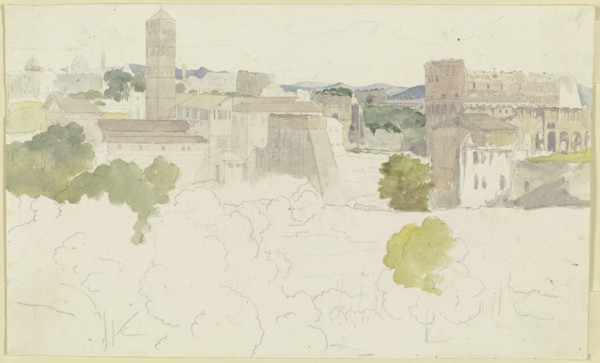 View over Rome with the Colosseum on the right, mountains in the distance, 1817. Creator: Carl Philipp Fohr.