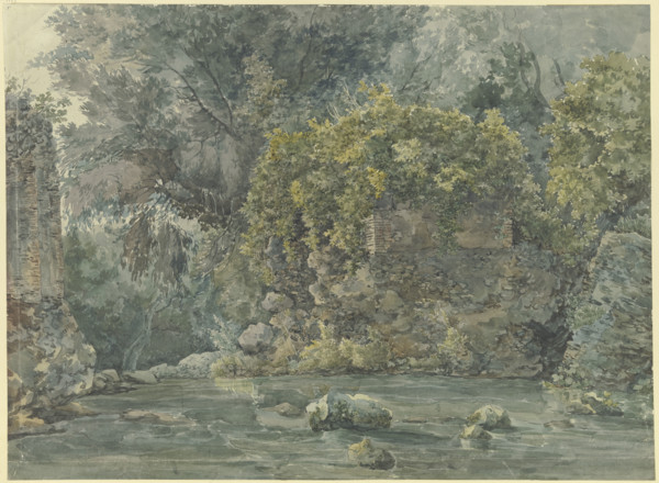 Landscape with trees and a ruined building by a stream, 18th century. Creator: Unknown.