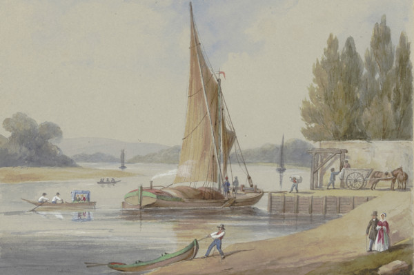 Riverbank with sailing ships, 19th century. Creator: Unknown.