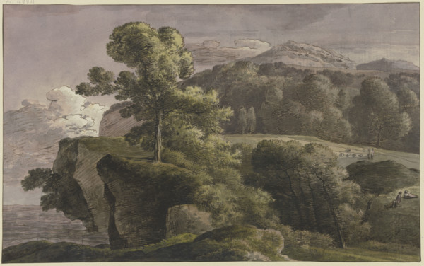 River landscape with trees and figures, late 18th century. Creator: Franz Kobell.