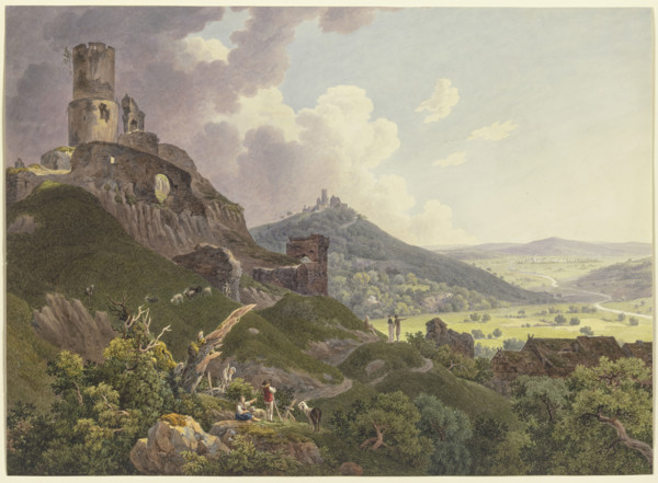 The Ruins of Gleiberg and Vetzberg near Gießen, on the left the two castle ruins on hills..., 1803. Creator: Friedrich Christian Reinermann.