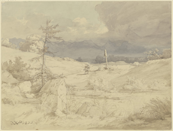 Approaching storm over a landscape with a wayside cross, 1836. Creator: Eduard Wilhelm Pose.