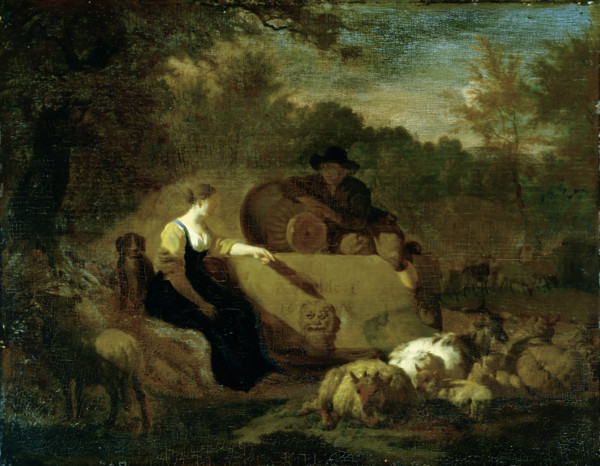 Shepherd and Shepherdess with their Flock at a Well, 1668. Creator: Adriaen van de Velde.