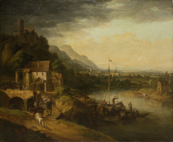 River Landscape with Barge, 18th century. Creator: Circle of Christian Georg Schutz the Elder.