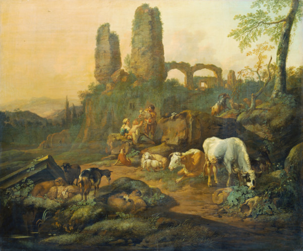 Shepherd Family Resting near an Ancient Ruin, 1680. Creator: Johann Heinrich Roos.