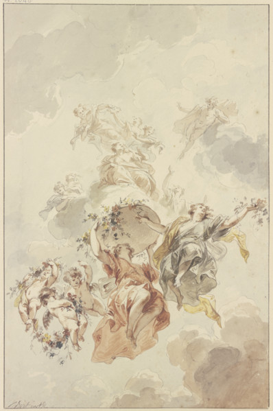 Genii and cupids grouped around a basket of flowers ascending towards heaven, 1725. Creator: Jacob de Wit.