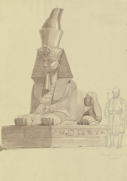 Agyptische Sphinx in Alexandria, daneben ein Ägypter in traditioneller Tracht, 1830. Creator: Friedrich Maximilian Hessemer.