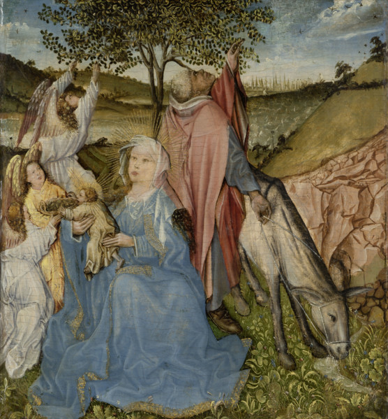 The Rest on the Flight, reverse: painted marble panel in a stone frame, c1450. Creator: Master of the Virgin at Covarrubias.