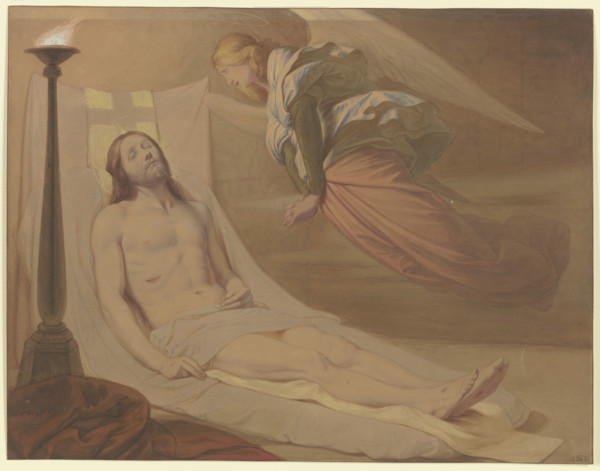 Christ in the tomb, above him hovering a mourning angel, 1851. Creator: Eduard von Steinle.