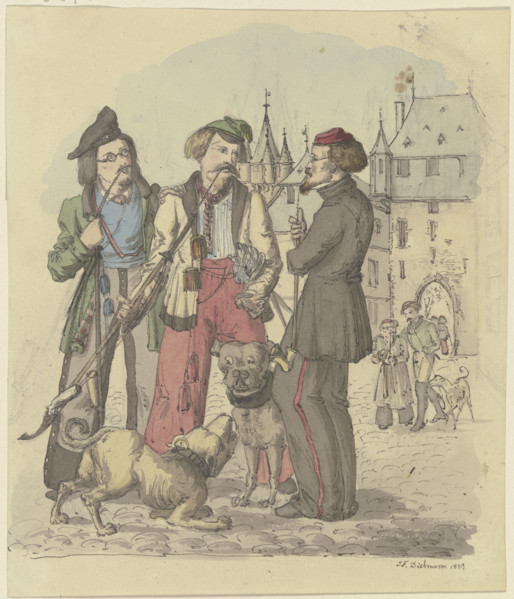 Three students smoking with two dogs, 1829. Creator: Jakob Dielmann.