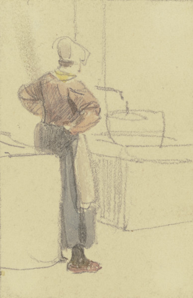 A woman, seen from behind with her hands on her hips, waits at a well until her tub is full, c1840s. Creator: Jakob Dielmann.