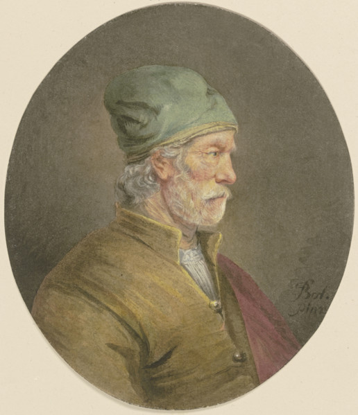 Old man with a white mustache, green cap, and yellow doublet, in profile, c17th century. Creator: Unknown.