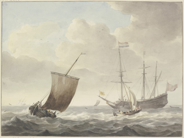 Running sea with ships, yellow flag with a golden lion. Creator: Martinus Schouman.