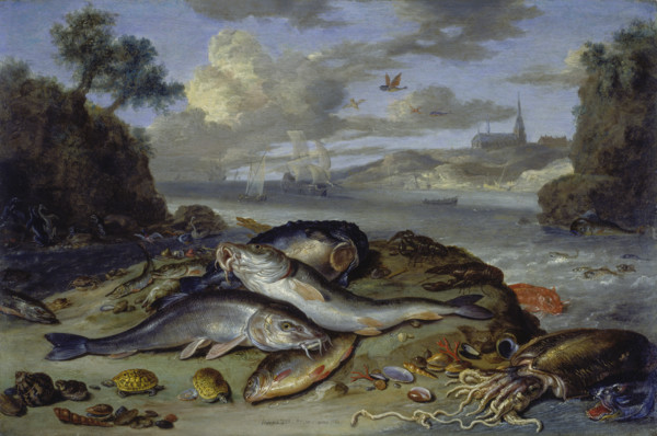 Still Life with Fish and Sea Animals in a Coastal Landscape, 1661. Creator: Jan van Kessel.