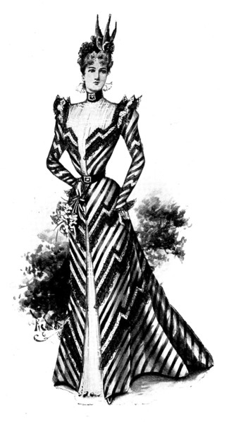 Ladies' Page: a black and white striped silk gown, 1898. Creator: Picador.