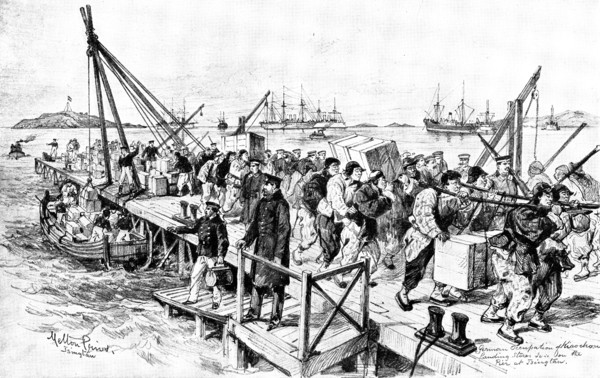 The Chinese Question: Germans landing stores at Tsingtan for Kiao-Chau, 1898. Creator: Unknown.