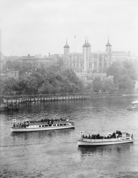 Boats passing along the Thames in front of the Tower of London, c1955. Creator: Arthur Charles Kirby Ware.