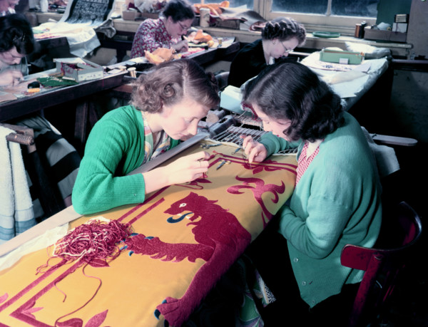Embroidering the Royal Standard of Scotland used at the coronation of Queen Elizabeth II, 1953. Creator: Arthur Charles Kirby Ware.
