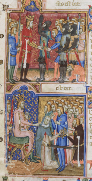 Investiture of knight by King Louis I of Naples, 1353-1354. Creator: Orimina, Cristoforo (active 1335-1360).