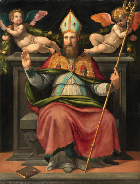Saint Zenobius enthroned with two cherubs, Mid of 16th cen.. Creator: Portelli, Carlo (ca 1508-1574).