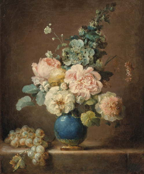 Vase of flowers and grapes on an entablature, 1781. Creator: Vallayer-Coster, Anne (1744-1818).