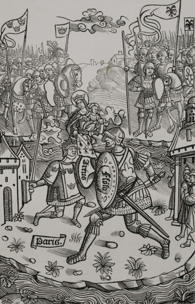 King Arthur fighting the giant, under the protection of the Virgin. 1514, (1877). Creator: Unknown.
