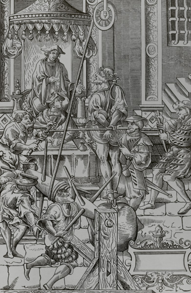 Medieval torture scene: The Estrapade, or Question Extraordinary, 1541, (1878).  Creator: Unknown.