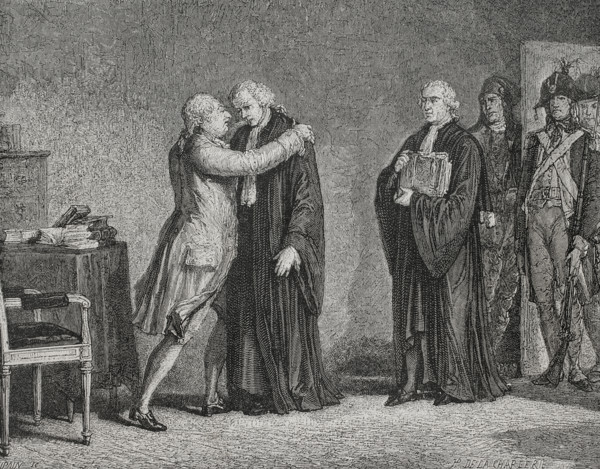 Meeting of Louis XVI with his lawyer Malesherbes, (1721-1794), 1876.  Creator: Hippolyte de la Charlerie.