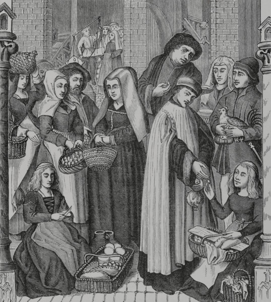 Chapter right on markets and food stalls - Toll on market, levied by a cleric, 15th century (1878). Creator: Unknown.