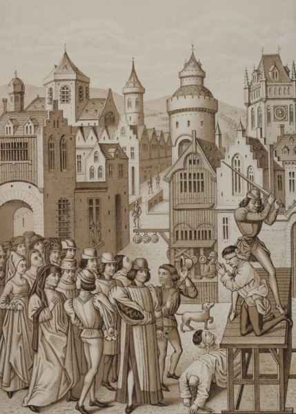 Decapitation of Guillaume de Pommiers and his confessor, John Coulon, Bordeaux, 1377..., 1878.  Creator: Unknown.