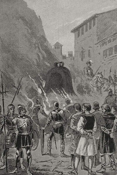 Insurgents forced to drink the molten liquid of the bells as a punishment, 1348, (1890).  Creator: Joan Serra y Pausas.